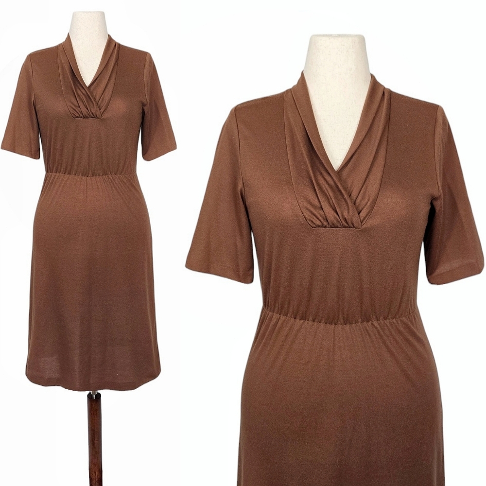 1980s Vintage Dress 80s Brown Midi Small Medium V Neck Short Sleeves A Line S/M